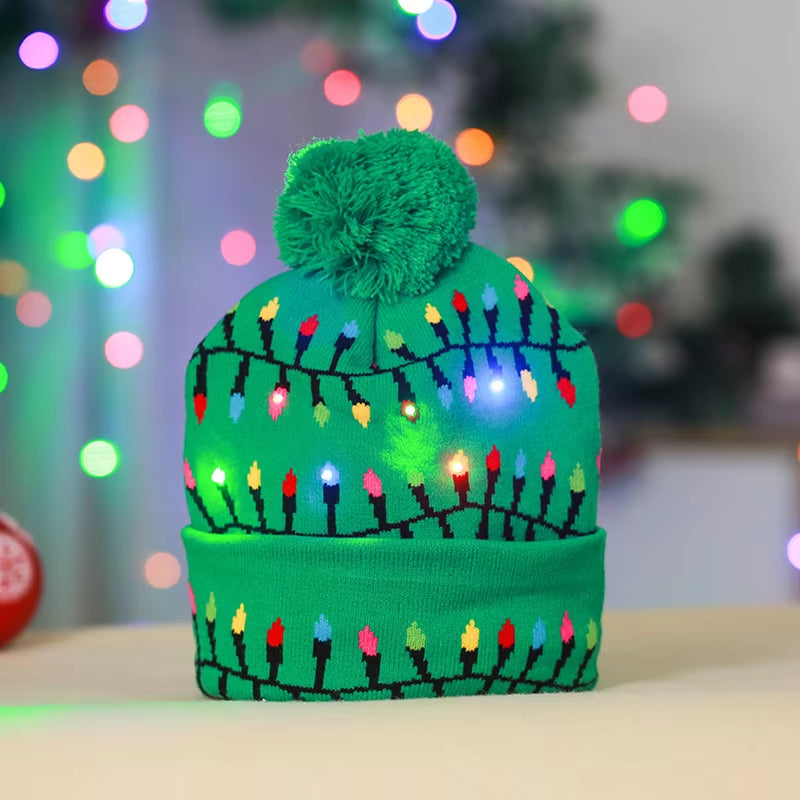 New Style! LED Christmas Hat Beanie Light up Illuminate Warm Hat 48 Patterns New Year Snowman Sweater Hat Christmas Decorations