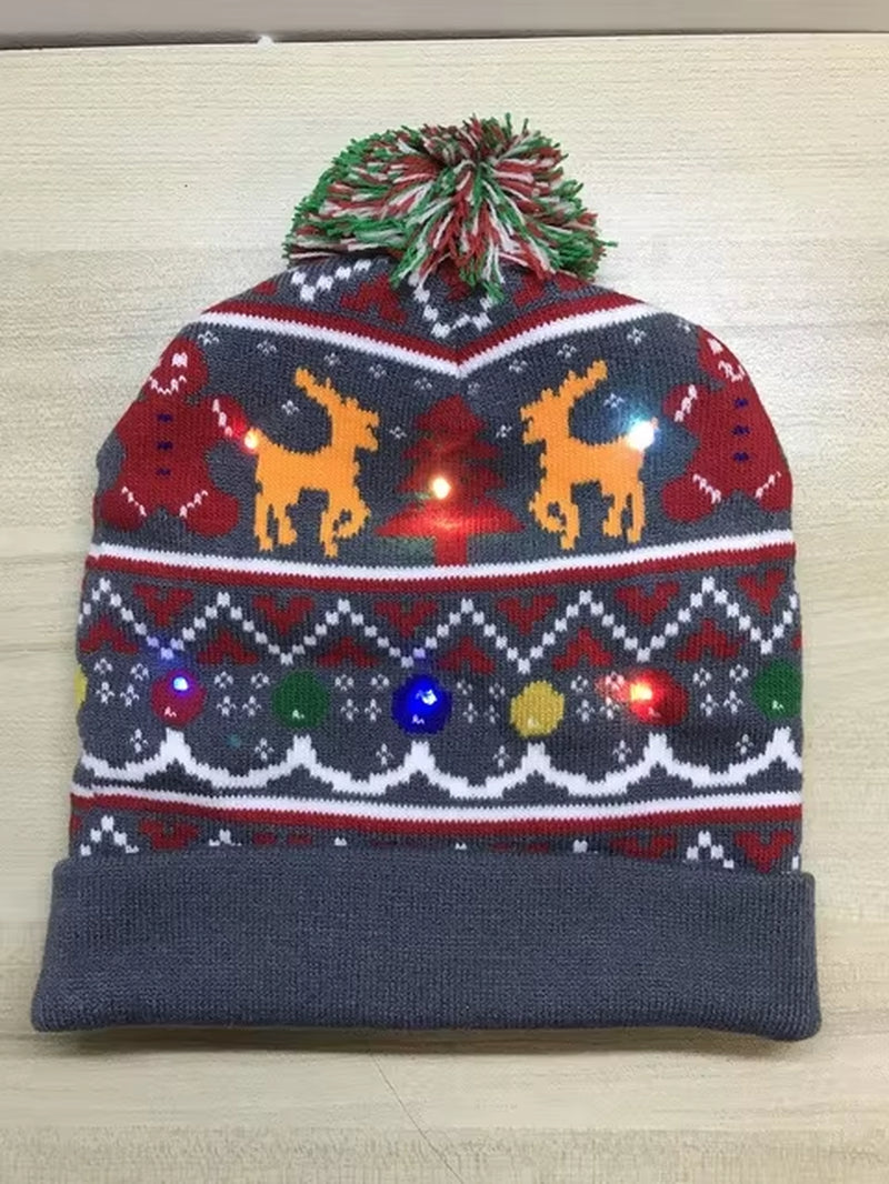 New Style! LED Christmas Hat Beanie Light up Illuminate Warm Hat 48 Patterns New Year Snowman Sweater Hat Christmas Decorations