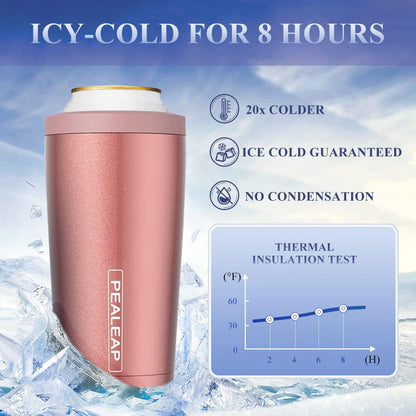 4 in 1 Insulated Slim Can Cooler for 12 OZ Cans and Beer Bottle - Keep 8 Hours Cold, Easy to Hold - Stainless Steel Can Holder, Double Walled Can Insulator for Hard Seltzer and More (Rose Gold)