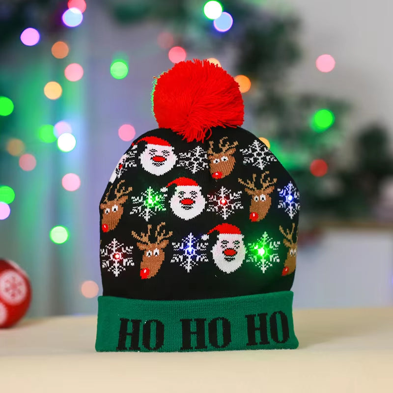 New Style! LED Christmas Hat Beanie Light up Illuminate Warm Hat 48 Patterns New Year Snowman Sweater Hat Christmas Decorations