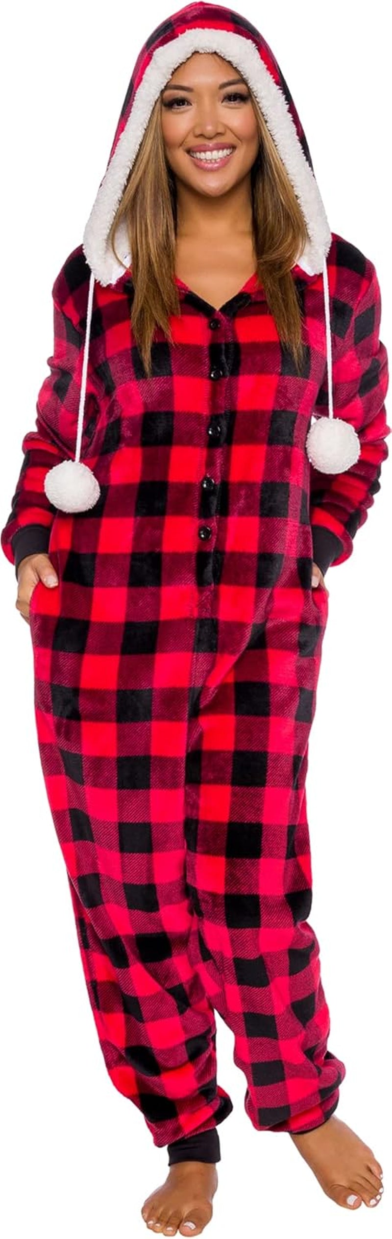 Womens Hooded Buffalo Plaid One Piece Pajamas with Sherpa Trim - Warm Plush Jumpsuit